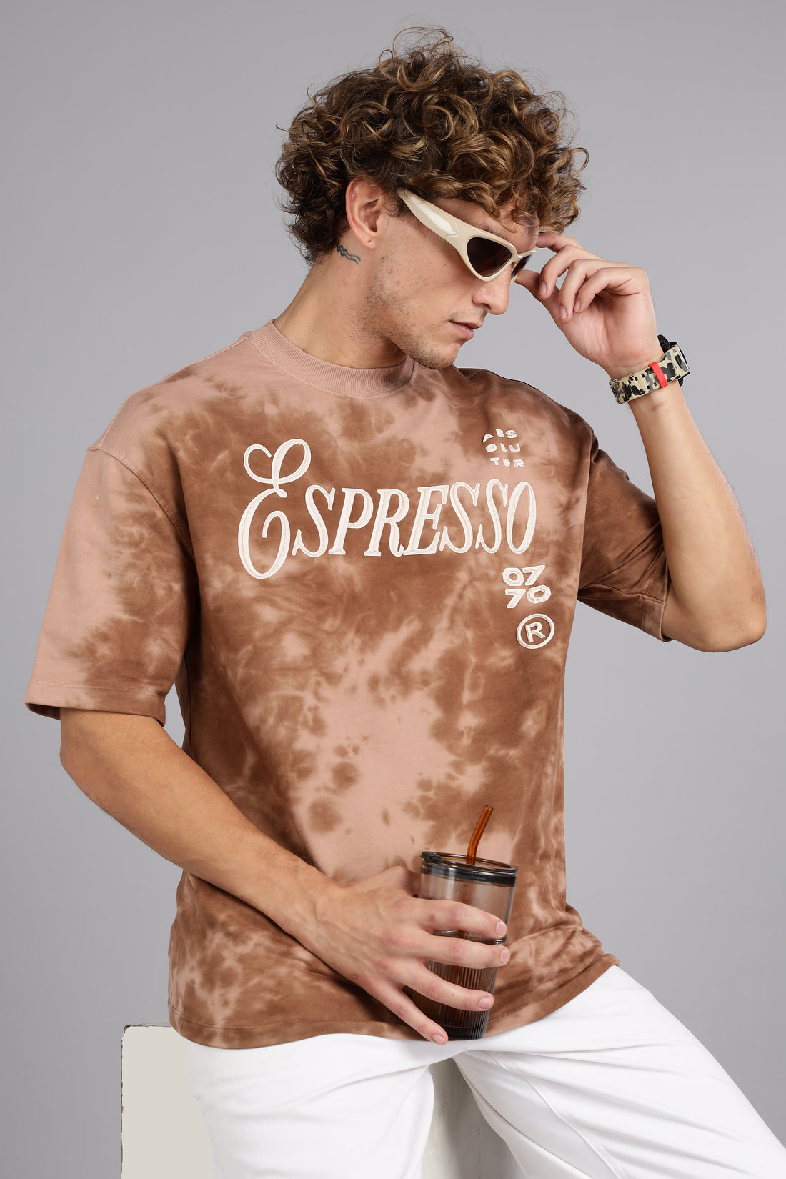 Espresso | Embossed Tie-Dye Round Neck Relaxed Fit T-Shirt