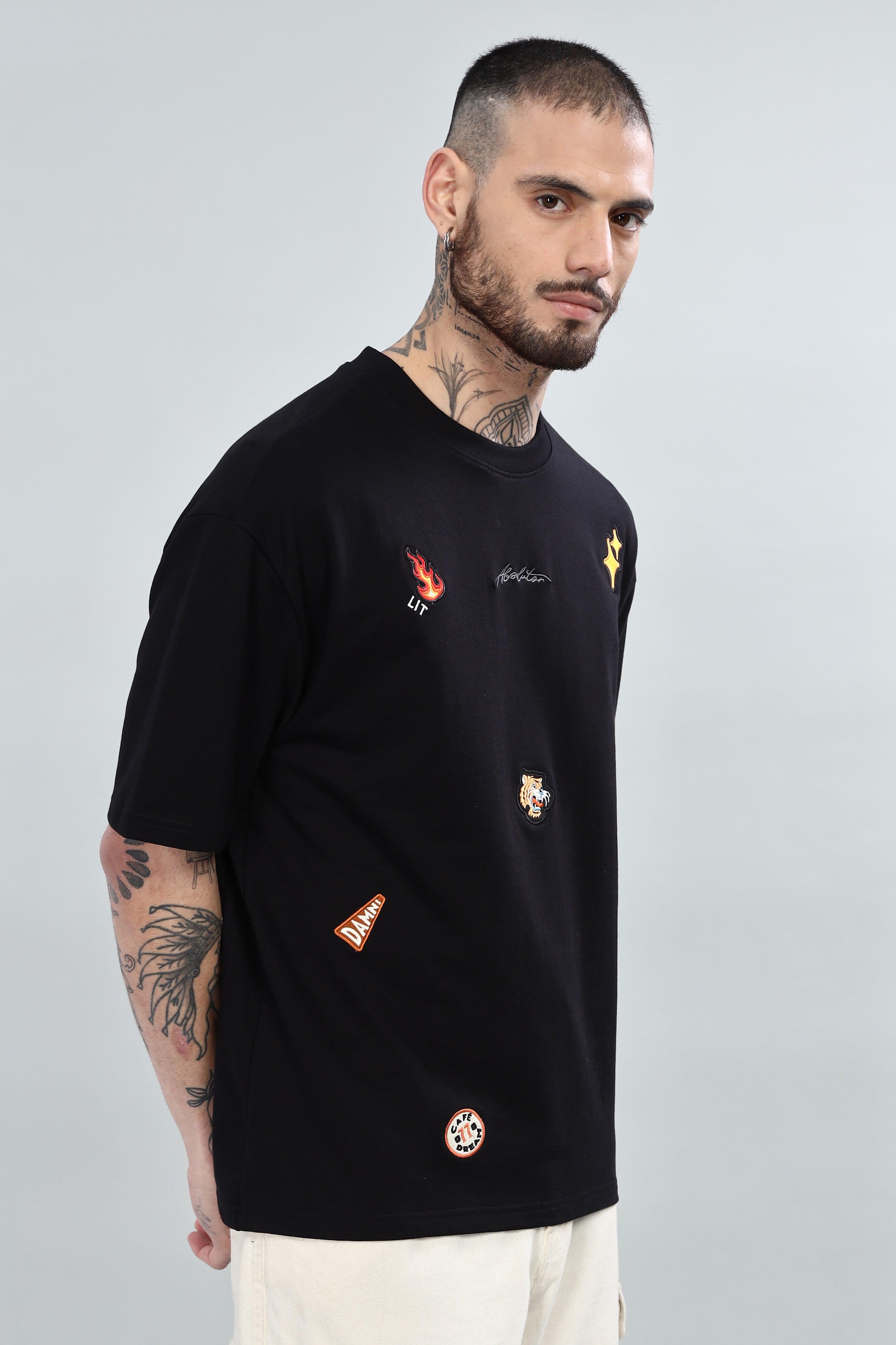 Six Patches Fierce Tiger Oversized Black T-Shirt