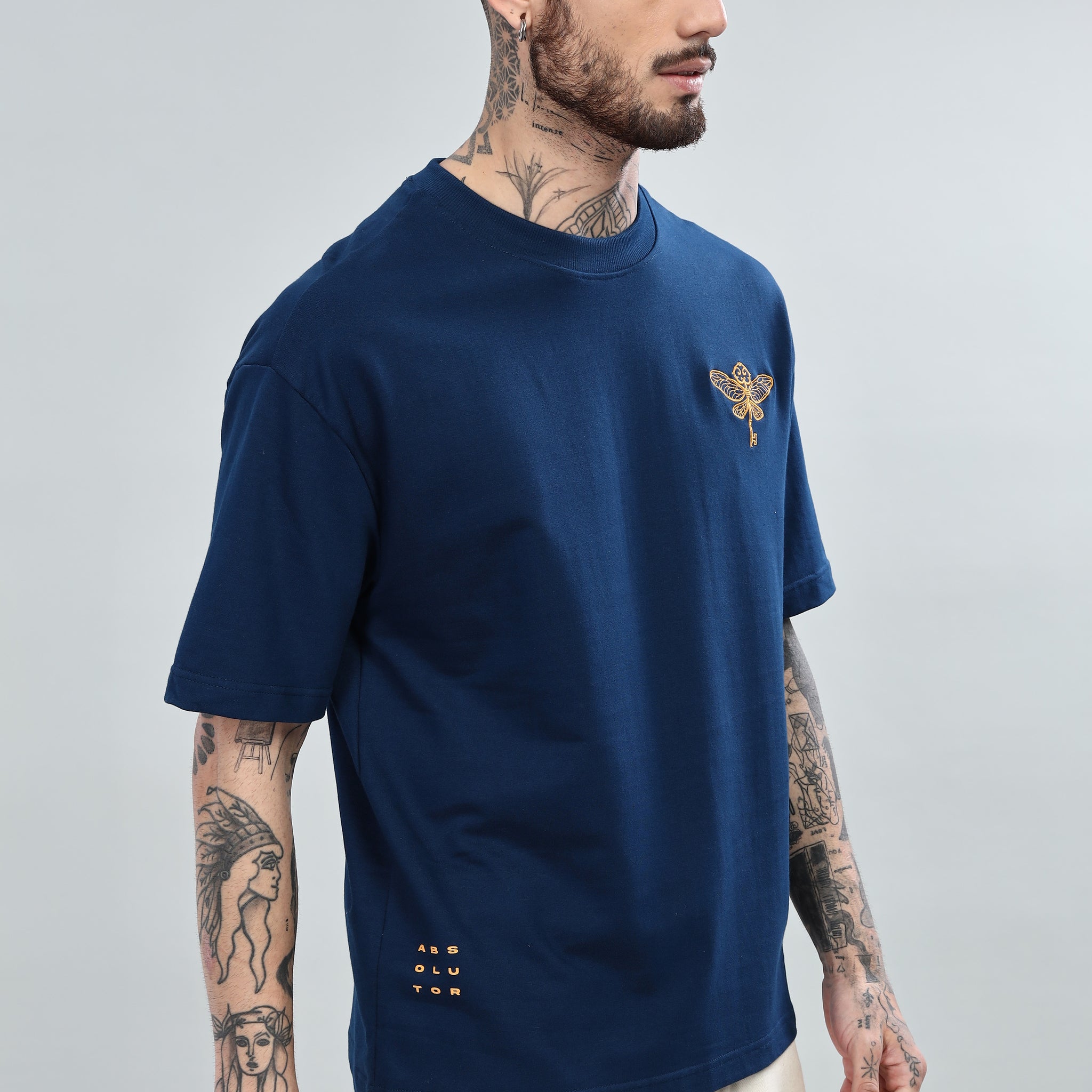 Golden Key Embroidered Oversized Denim Blue T-Shirt