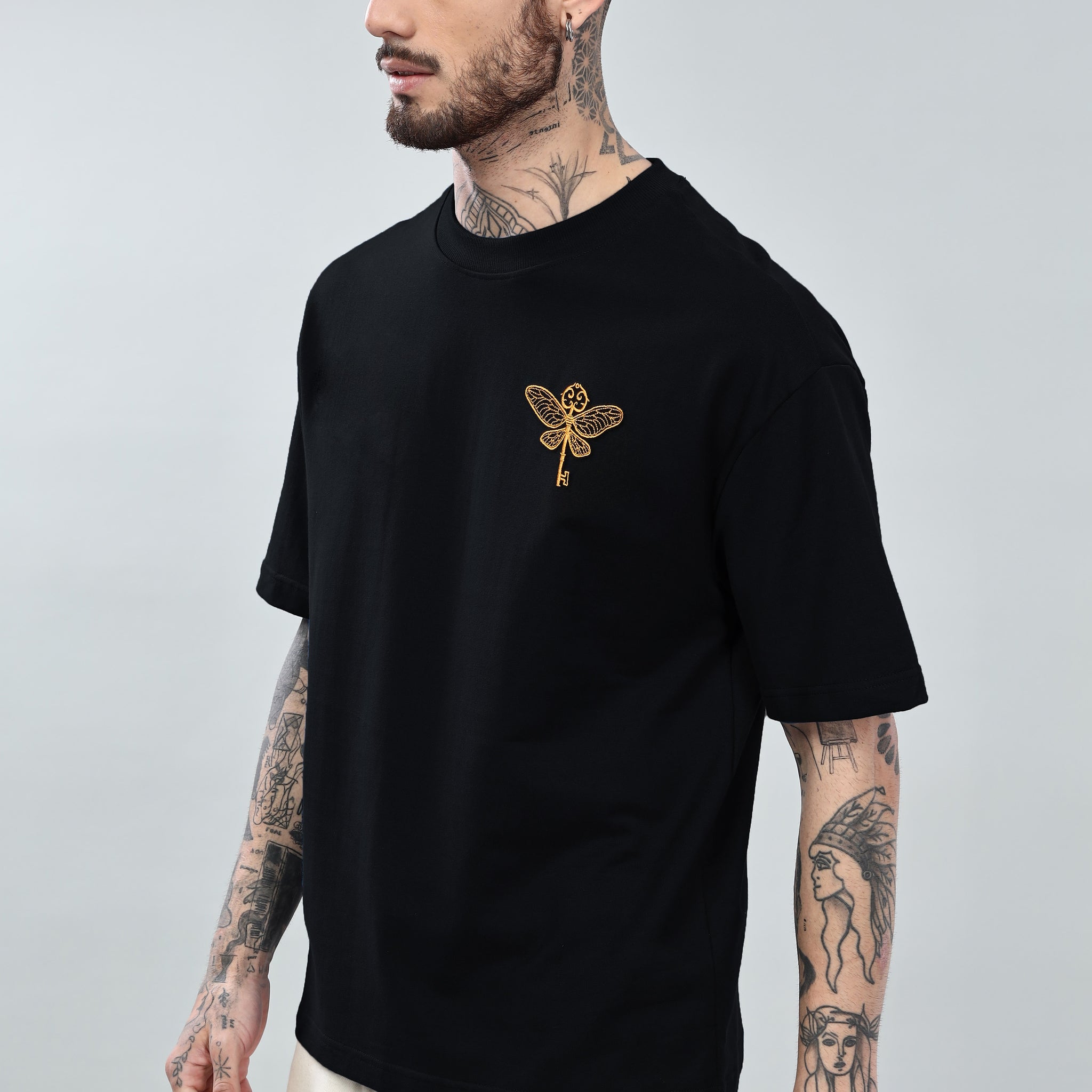 Golden Key Embroidered Oversized Black T-Shirt