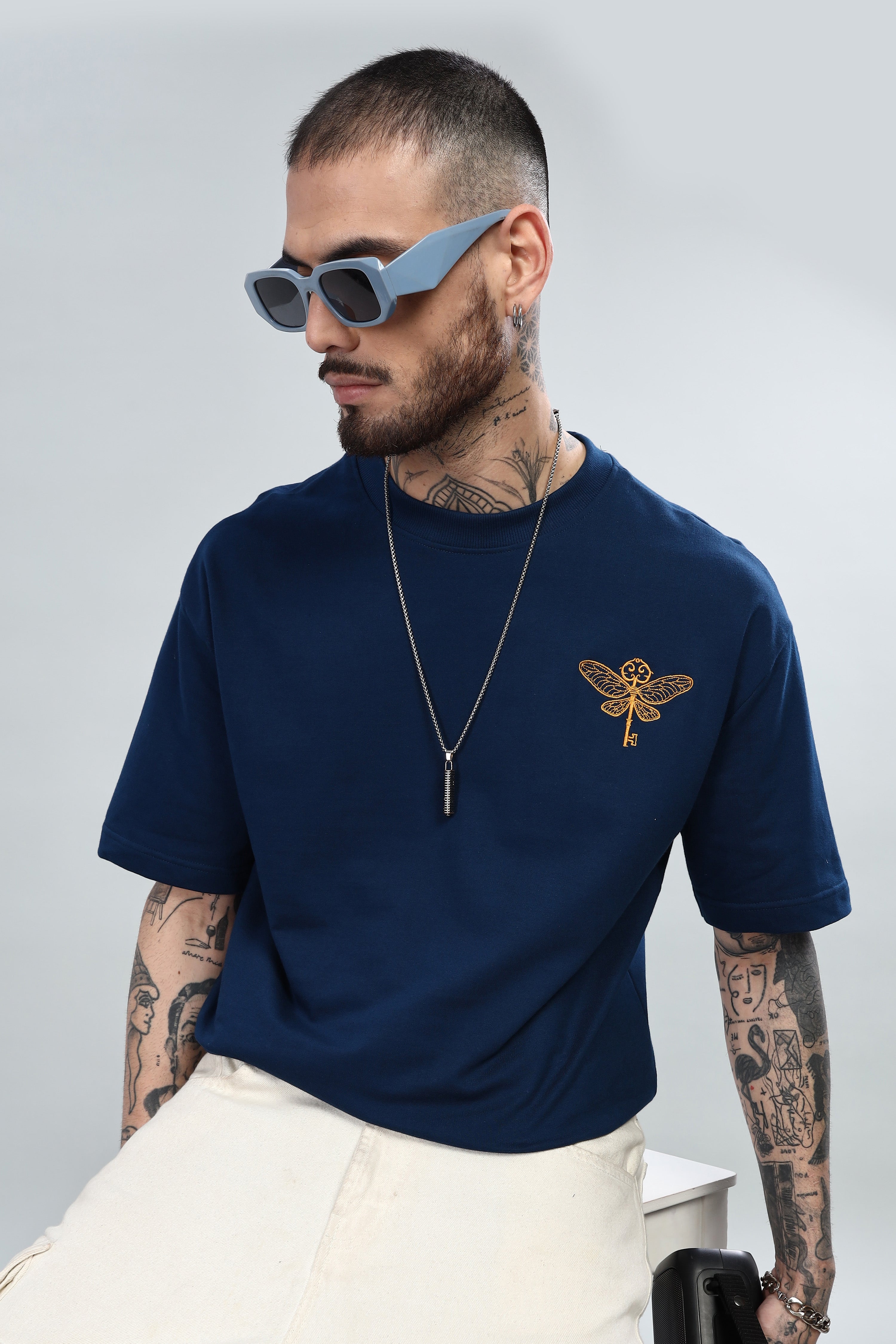 Golden Key Embroidered Oversized Denim Blue T-Shirt
