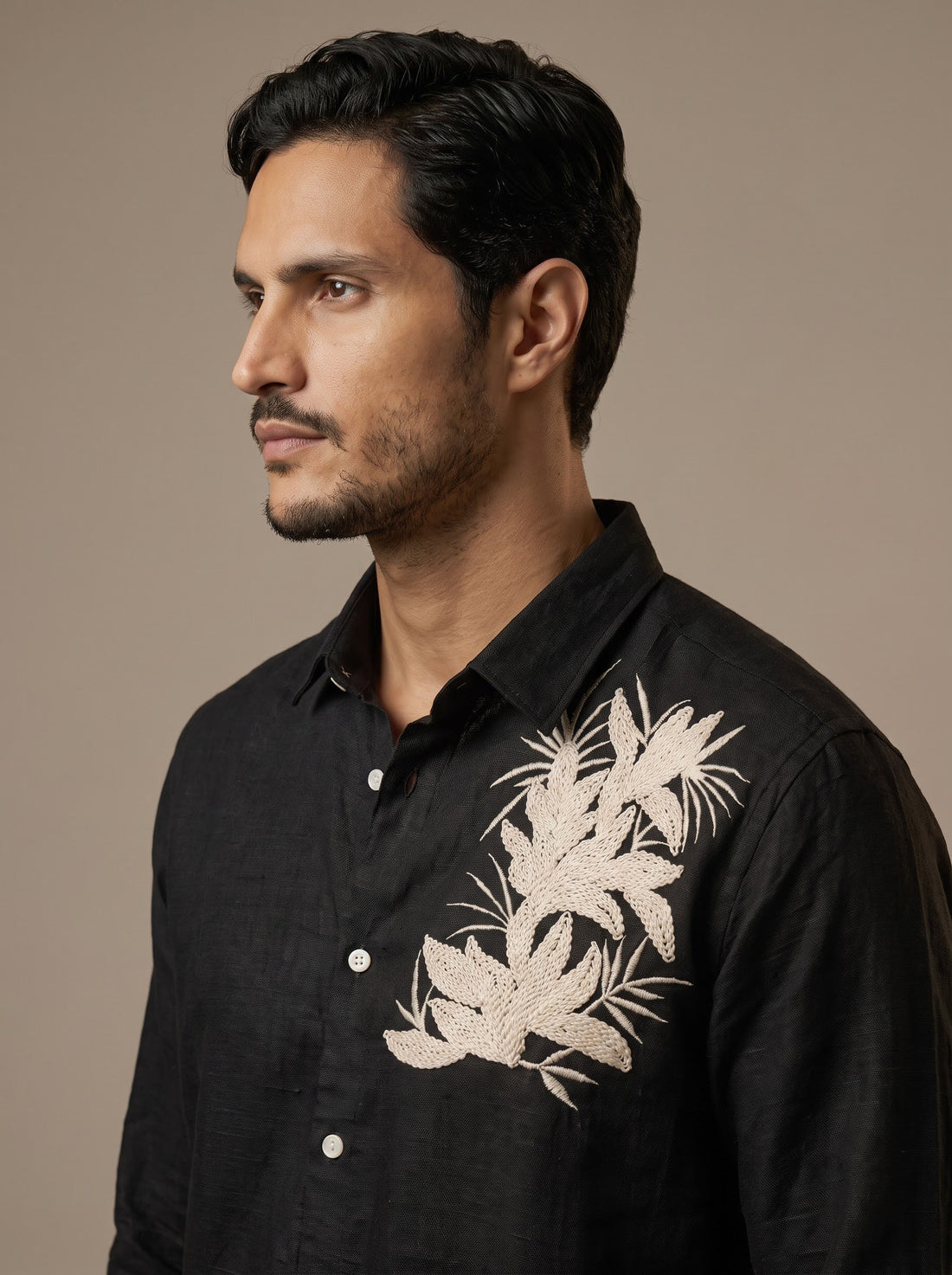 Midnight Bloom Embroidered Linen Shirt