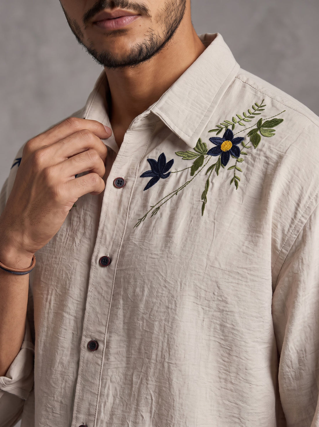 Bone Ecru Wildflower Embroidered Crinkle Shirt