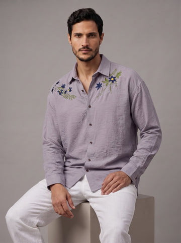 Smoky Lilac Wildflower Embroidered Crinkle Shirt