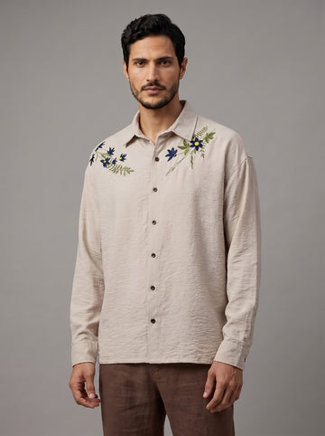 Bone Ecru Wildflower Embroidered Crinkle Shirt
